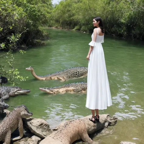 A beautiful woman wearing a white Han dress with fairy air stands on an island and looks at the river，There was a man and a bunch of crocodiles in the river