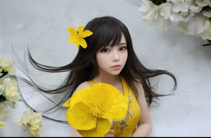 Transform into an anime beauty dressed in yellow flowers，Holding a yellow flower in his hand