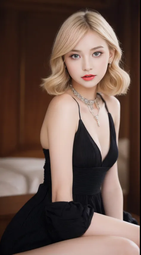 ((An ultra-high picture quality、top-quality、8k picture、​masterpiece:1.3))、Crisp focus:1.2、Beautiful woman with perfect body shape:1.4、The most beautiful face、Super Slender、abdominals:1.2、((blondehair、short-cut、Beautiful and big breasts:1.2、tchibi、)highest ...