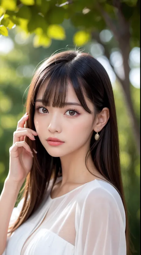 1womanl, up of face, mideum breasts, light brown hair, Blunt bangs, hair behind ear, hair over shoulder, Long hair, slender body shape, Ultra Fine Face, Thin face, Delicate lips, Beautiful eyes, thin blush, eyes are light brown, perfect glossy skin, flawle...