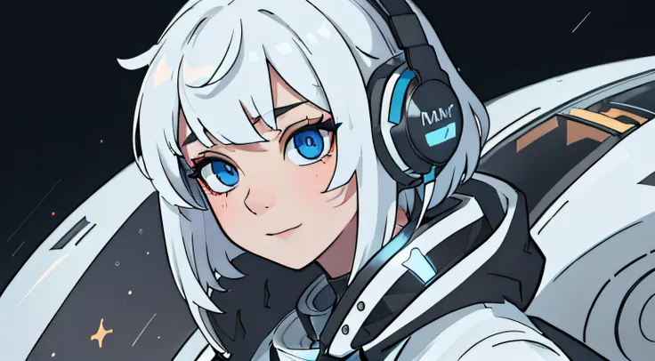 (Masterpiece, fine detailed beautiful eyes: 1.2), (On the moon, space, looking back into earth), White hair, Black tank top, voluminetric lighting, White jacket, glowing headphones, Cyberpunk, Futuristic, multi colored eyes, Detailed eyes, ultra - detailed...