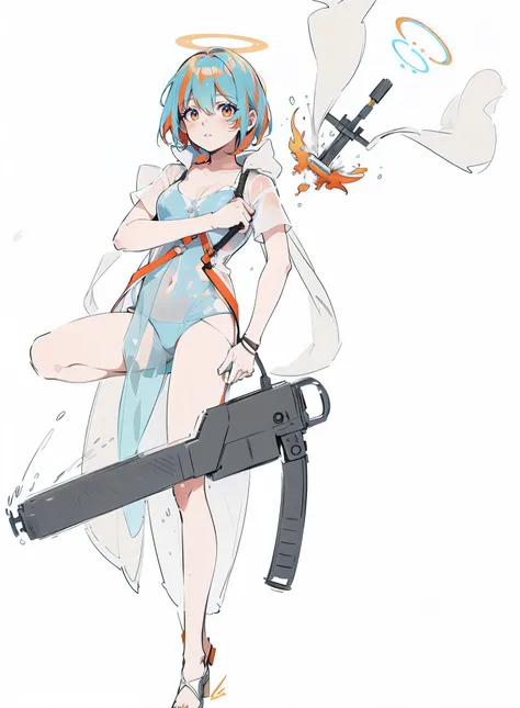 Orange blue hair white transparent raincoat angel with machine gun，Let go of Gods punishment