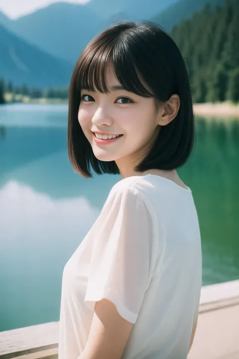 An Asian girl，Stand in front of the lake，There are swans on the lake，There is a railing by the lake，There is a big mountain behind the lake，There are many trees on the mountain，The girl wears white short sleeves，（Sweet smile：1.2），black color hair，Ball head...