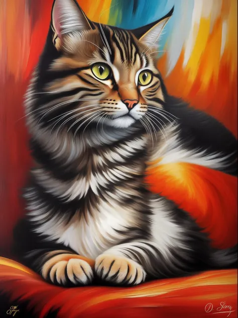 Masterpiece of oil painting cat breed of Norwegian forests (Tabby black, poil long, oreille de lynx). chat vu en entier assis sur un coussin. Pleins cadre. Capture the dynamic beauty of the cat with expressive brushstrokes and a bold palette. Oil painting ...