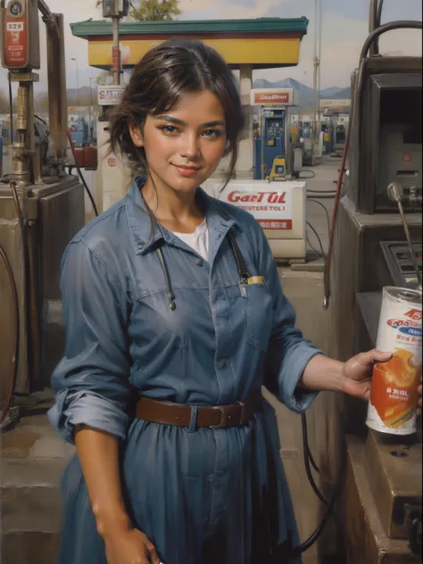 (Oil painting style:1.2), (Woman working at a gas station:1.5), (1girl in:1.3),独奏,Gas Station Uniforms, Brown hair, Refueling, Award Winning Painting, customer service, Smiling, (8K, 16 K, Super Detail), Best Quality:1.2, hight resolution, masutepiece:1.4,...