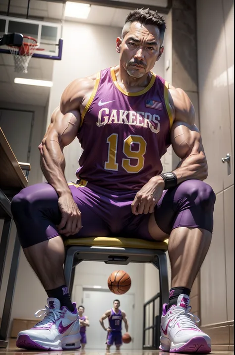 50-year-old middle-aged man，grampa，Man，Height 195，Asian people，sit on chair，God perspective，The eyes are about to face each other，Chinese men，musculature，Lift one foot，Wearing a fuchsia Nike basketball vest，Red basketball pants，The number 18 is written on ...