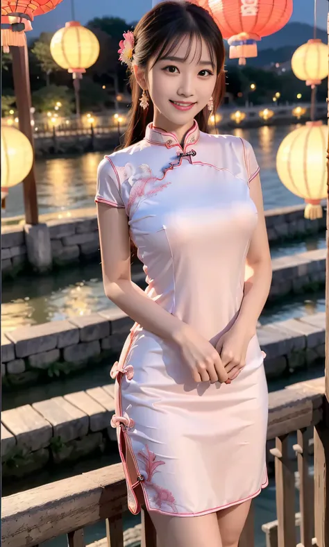 (ultra best quality、超A high resolution、８ｋ、​masterpiece:1.3)、Beautiful Women in Perfect Figure:1.4、Black hair、((Pink cheongsam))、kawaii、extremely detailed face and skin、Detailed eye、二重まぶた、Skinny Legs、The best smile、(((１a person)))、((The whole body is in the...