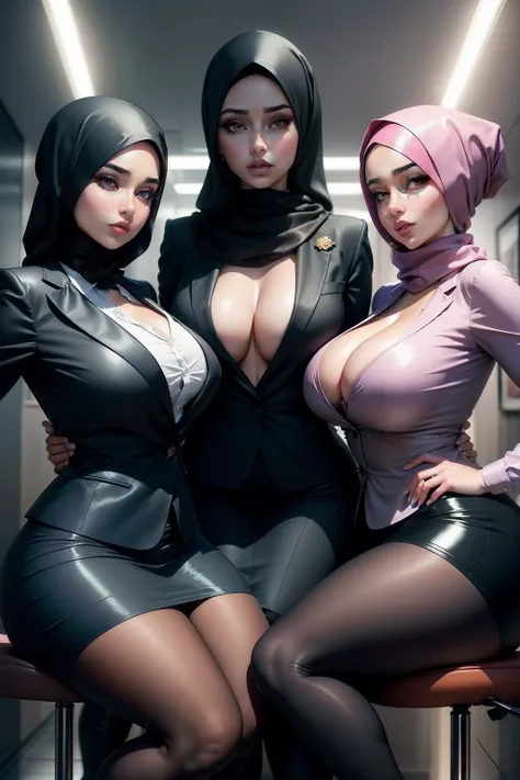 3 sitting hijabi women use elegant office suit, elegant satin office suit, sexy, busty, highly detailed, 8k, high resolution, 3 women, big juicy lips, thick juicy thighs, makeup, large shiny breasts, women.