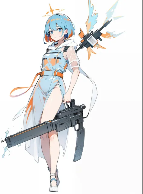 Orange blue hair white transparent raincoat angel with machine gun，Let go of Gods punishment