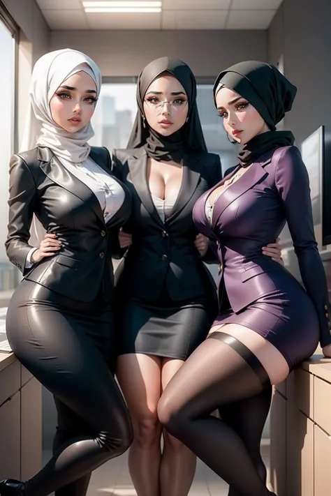 3 sitting hijabi women use elegant office suit, full body look, elegant satin office suit, sexy, busty, highly detailed, 2160p, high resolution, 3 women, big juicy lips, thick juicy thighs, makeup, large shiny breasts, women.