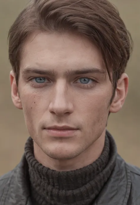 man in the field is dressed for the camera, must have some facial toner on his face or some white ointment under his lower eyelids, masculine, european male, daria Endresen style, kris knight, scottish landscapes, light navy blue and dark brown, georg jens...