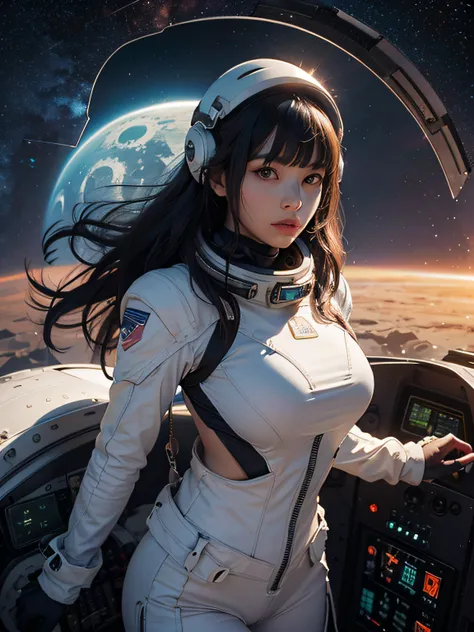 Unbeatable masterpiece, Ultra photo realsisim, Perfect Artwork, Intricate details, Best Quality, strong lights,High contrast, Solo , Large breasts , Missipos , 1girll ,(space suits:1.1) , Patterned epaulettes, furnace , Staravia , themoon ,Missipos , Float...