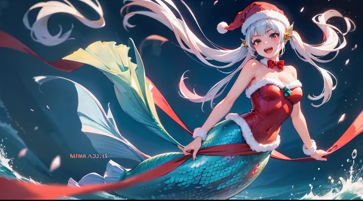 Best Quality, Extremely detailed, Anime, 1girl, Solo, Laughing, Standing, Dynamic Angle, (mermaid:1.4), (santa costume), santa hat, red eyes, (twin tail:1.2), white hair, Christmas tree, Christmas, in sea,