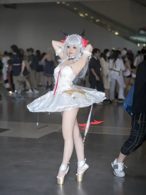 There is a woman in a white dress and headphones posing, Anime cosplay, Anime girl cosplay, cosplay, rpgmaker, cosplay foto, anime convention, professional cosplay, From Lineage 2, hot topic anime convention, nier inspired, cosplayer dressed like a crab, 2...