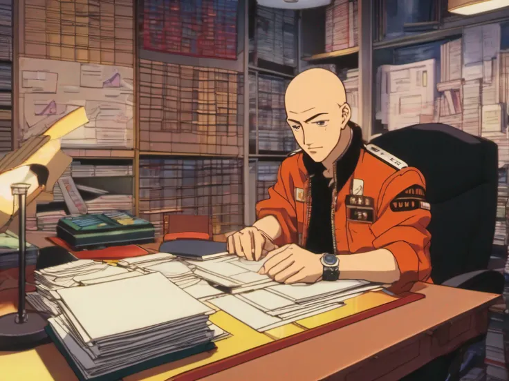 Vintage anime screenshot from akira, 90’s anime aesthetic. a stunning maximalist screenshot of Jeff Bezos. he is sitting at his desk, looking over papers