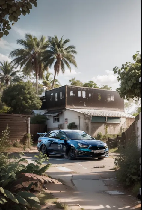 Substituir esse carro por um polo branco rebaixado,com adesivos por todo o carro com tema e conceitos de polvo, em azul ciano.