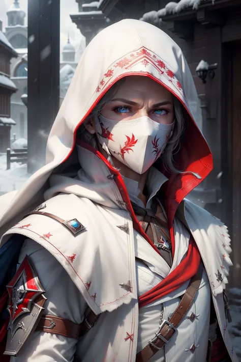 (High detail CG，The ultra-realistice，detail-rich)，assassins creed，snowy day，White cloak，Full face mask，Expose your eyes，Red and blue eyes，hidden blade，Red magic，