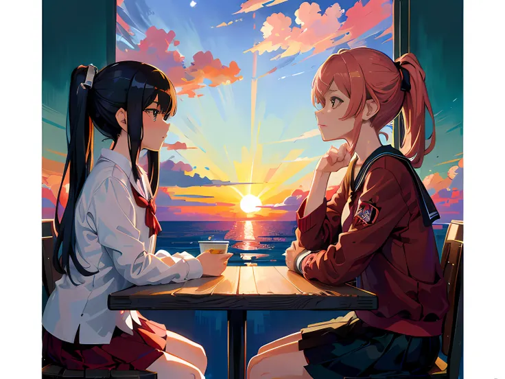 anime characters sitting at a table with a view of the ocean, watching the sun set. anime, two beautiful anime girls, kantai collection style, ; visual novel, anime style 4 k, afternoon hangout, sitting in a cafe, anime girls, anime scene, visual novel, ne...