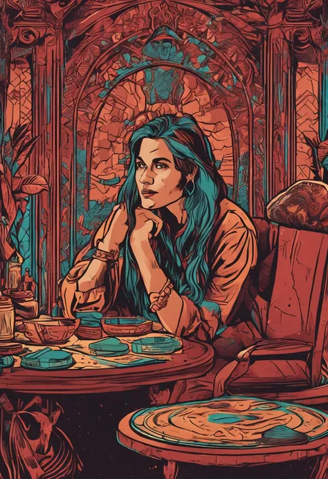 Mysterious interior　Young woman with troubled face　Male authoritative fortune teller　Sitting across from each other at the table