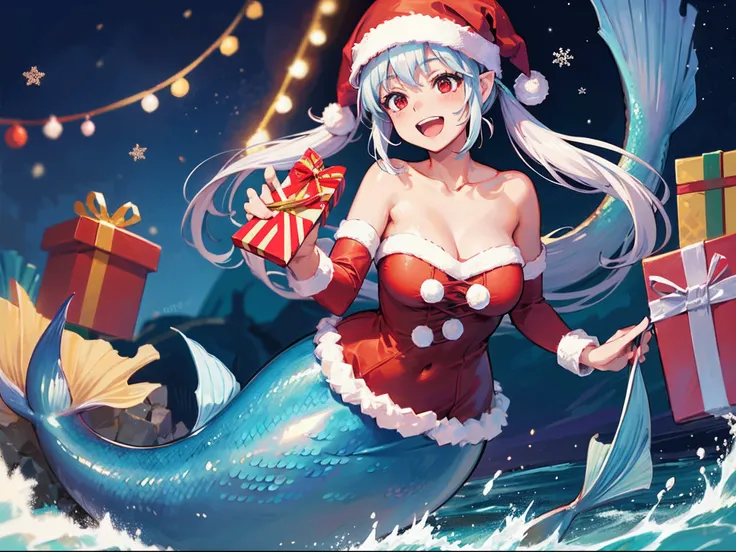 Best Quality, Extremely detailed, Anime, 1girl in, Solo, Laughing, Standing, Dynamic Angle, (mermaid:1.4), (santa costume), santa hat, Red Eyes, (Twin tail:1.2), White hair, Christmas tree, Christmas, at sea,