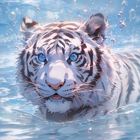 1 cute white tiger, close-up face, Portrait, Furry, No Man, In water, ocean floor,  Blisters, Buble, More details, Saturated colors, cute smiling, Best quality, 8K, High saturation