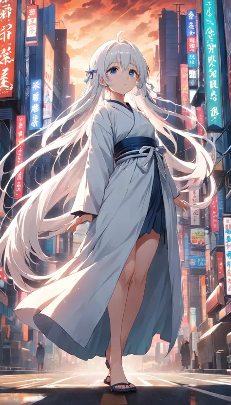 highways，Look up，Long white hair，full bodyesbian, Electrical properties，long  skirt，Staff，Kimono is prohibited，