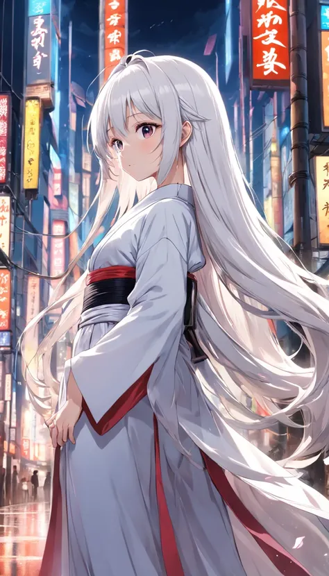 highways，Look up，Long white hair，full bodyesbian, Electrical properties，long  skirt，Staff，Kimono is prohibited，