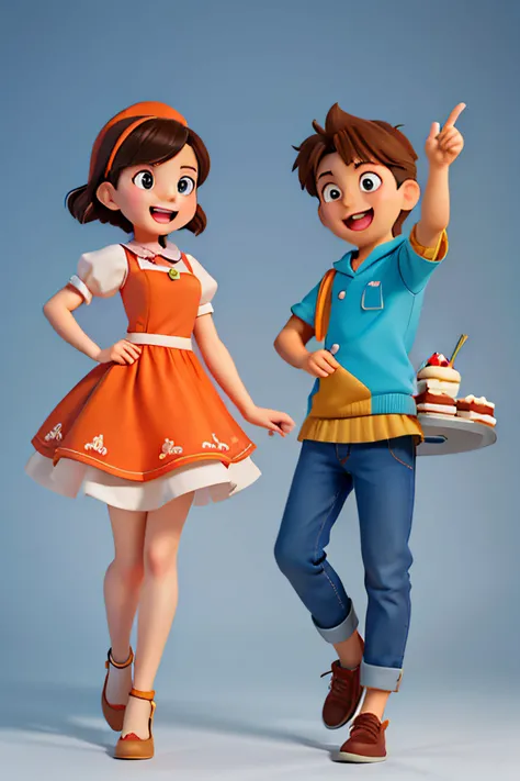 Young men and women,Laugh happily，Double，The movements are graceful， blue and orange, Different poses and expressions, Different angles, Bakery brand,Cake dessert,Fresh and bright,breads,Cupcakes, very stylized character design,Cartoon mascot ,game charact...