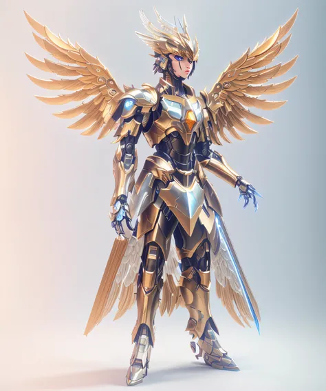 Close up of female angel model with wings, futuristic robot angel, Angel in metal armor, Mecha wings, greek god in mecha style, armor angle with wing, 3 D rendering character art 8 K, detailed cosmic angelic robot, hyper-detailed fantasy character, unreal ...