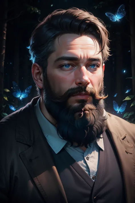 Masterful portrait, a charming bearded man surrounded by glowing blue fireflies, mystischer Wald, deep shades of blue, Nebelschwaden, adorable digital painting.