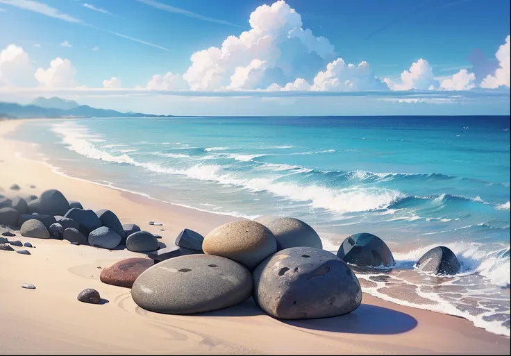 Exquisite scenes，depth of fields，8K，Blue sky，White clouds，The sun shines on the beach，There are many small colorful stones on the beach，Rose flower， --auto --s2