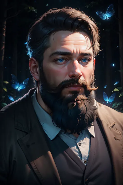 Masterful portrait, a charming bearded man surrounded by glowing blue fireflies, mystischer Wald, deep shades of blue, Nebelschwaden, adorable digital painting.