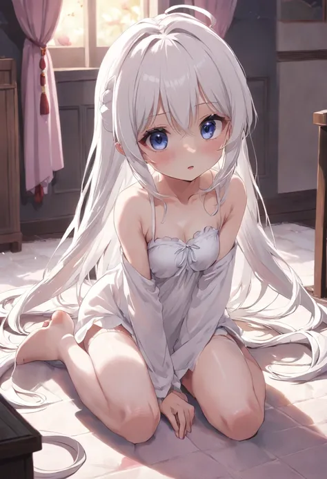 Cute loli，long  white hair，white  panties，white dresses，Kneeling on the carpet is，largeeyes，Long white socks，Barefoot，Leaky shoulders