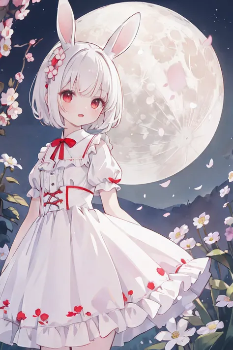 (masterpiece, best quality:1.2), illustration, absurdres, highres, extremely detailed, 1 petite girl, white short hair, rabbit ears, red eyes, eye highlights, dress, short puffy sleeves, frills, outdoors, flower, fluttering petals, upper body, (moon:1.2), ...