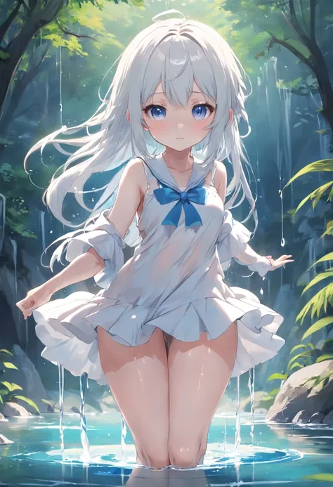 (HD illustrations),The best picture quality, The best lighting effects,With blue eyes,Stobasa(silber hair:1.3+whaite hair), Lakeside clear pond, Petite slender legs,Short white skirt,Splash water,Fresh face,Pure and lovely，Cute loli，long whitr hair，Leaky s...