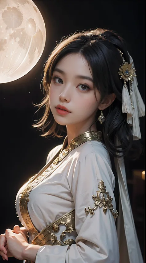 realisticlying，of a real，A mysterious young woman，glowing sphere，Cast a soft glow, ethereal glow upon her flawless features. The setting is a silent, moonlit forest and her attire is an ornate fusion of traditional Asian culture and futuristic fantasy. Eve...