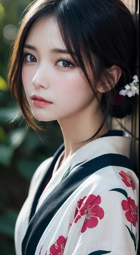 ((A wistful look))、masutepiece, Best Quality, Illustration, Ultra-detailed, finely detail, hight resolution, 8K Wallpaper, Perfect dynamic composition, Beautiful detailed eyes, Kimono、Background