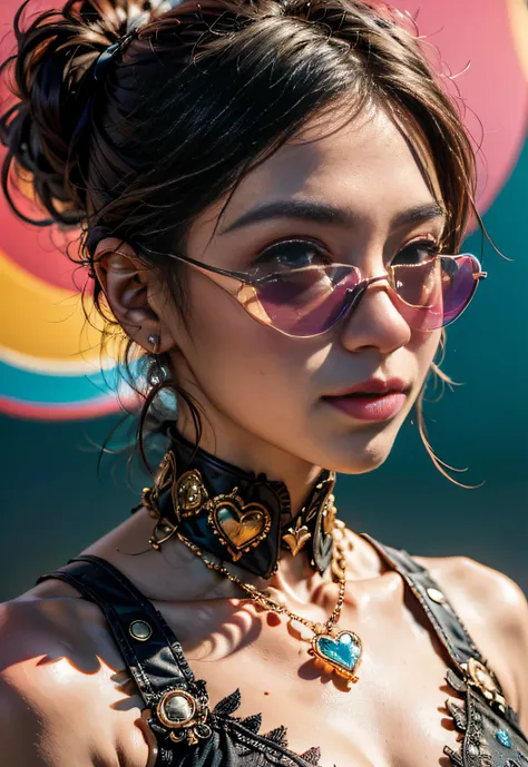 tmasterpiece、top-quality、highestdetailed、Psychedelic kitten design wearing brightly colored pink heart-shaped sunglasses、The is very detailed、Rich in color、Excellent details、Effective portrayal