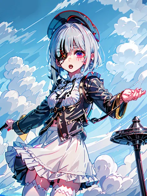 white  hair,an eye patch,Wolfcut,4k wallpaper、hightquality、Beach、Mini skirt、knee high socks、piercings、female pervert、An ultra-high picture quality