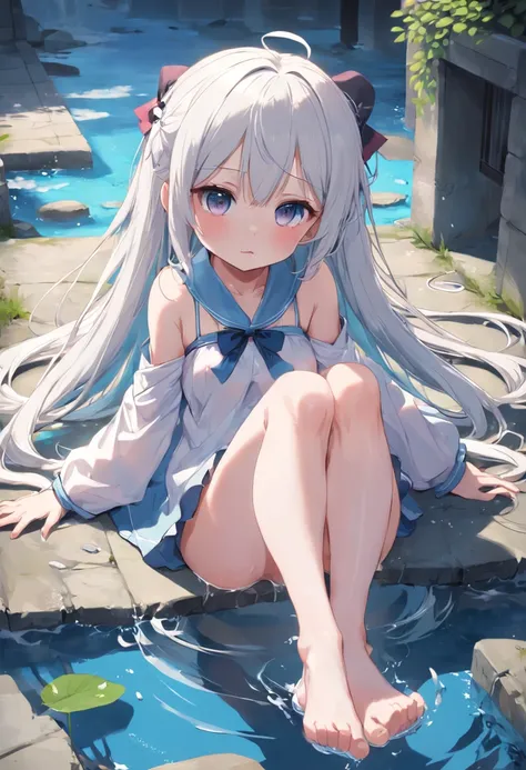 Cute loli，long whitr hair，Leaky shoulders，Barefoot，head looking up，Lie on the ground，Raise your feet，shift dresses，white  panties，largeeyes，Anime cute face，Loli，Long white socks，Wet da