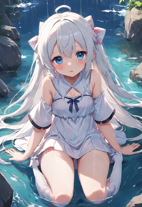 Cute loli，long whitr hair，Leaky shoulders，Barefoot，head looking up，Lie on the ground，Raise your feet，shift dresses，white  panties，largeeyes，Anime cute face，Loli，Long white socks，Wet da