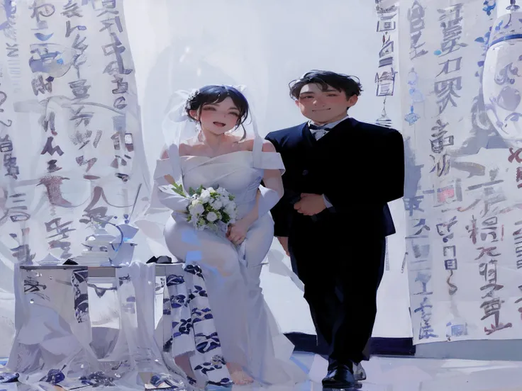 Groom and bride take a group photo in front of the curtain, wedding photo, woman with a Korean round face, handsome face of a man, woman holding white flowers in one hand, a table, a vase on the table, (white curtain 1.3), (mens hair is messy 1.3), white b...