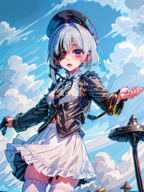 white  hair,an eye patch,Wolfcut,4k wallpaper、hightquality、Beach、Mini skirt、knee high socks、female pervert、An ultra-high picture quality