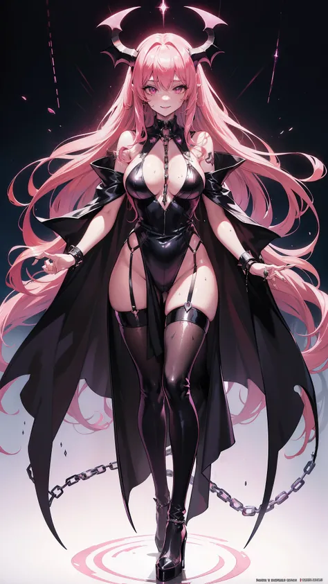 succubus super heroiene, ((wet thin silk jumpsuit, long cape with swag collar, chain belt, armlet, devil shape brooch, wristband, succubus tattoo on body, virgin)), (evil charming aura, raining effect, pink glowing pupil, succubus make up, perfect body sha...