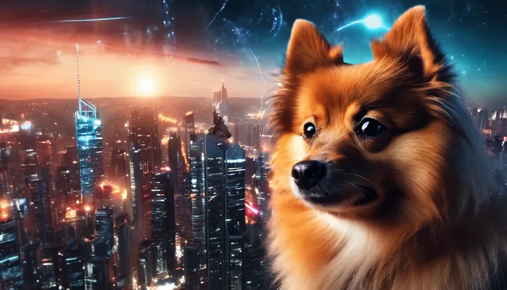 German spitz dog with a futuristic city in the background, noite chuvosa, fundo desfocado, highes definition, cinematographic scene