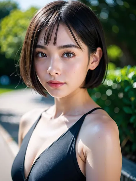 Young adorable Japan face, Young cute Japan face, Japan girl with short hair,Light hair color, beautiful young  japanese woman,sixteen years old,hight resolution,A hyper-realistic,ultra-detailliert,hightquality,Nogizaka Idol System,swim wears,selfee,Nordic...