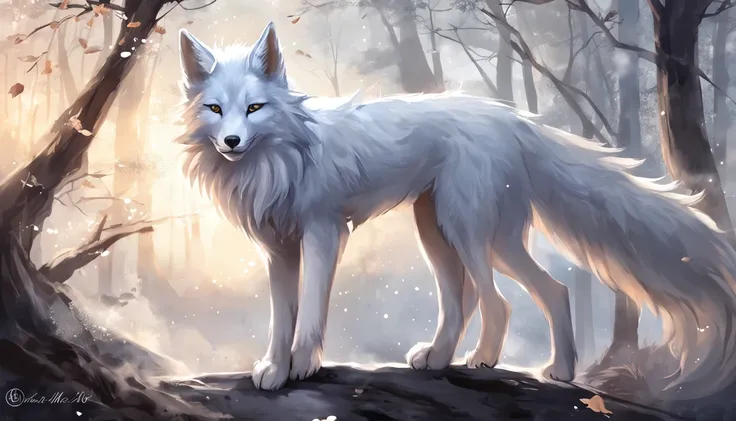 (Next to the anime girl with white fur fox ears before the full moon is a huge white nine-tailed fox:1.5), fantasy fox love, White-haired fox, white fox anime, Anime fantasy illustration,(dark forest background，Blue transparent smoke surrounds:1.8), art of...