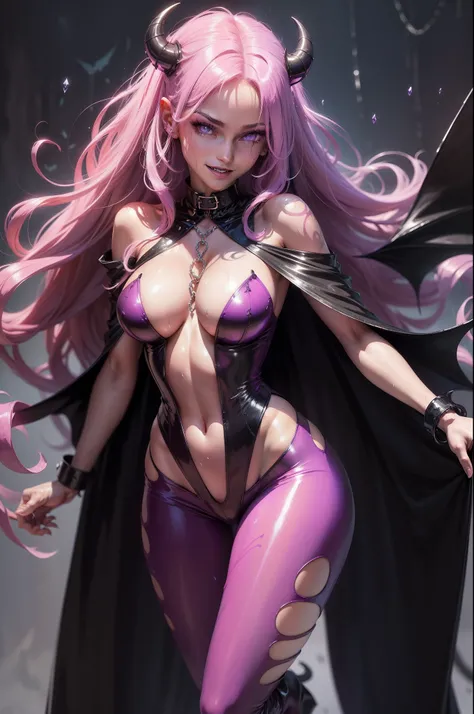 succubus super heroiene, ((wet thin silk jumpsuit, long cape with swag collar, chain belt, armlet, devil shape brooch, wristband, succubus tattoo on body, virgin)), (evil charming aura, raining effect, pink glowing pupil, succubus make up, perfect body sha...