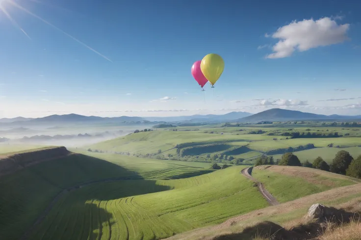 masterpiece, best quality, (realistic:1.3), beautiful girl hangs on balloons and flies over the countryside landscape, sunshine, god ray, fractal art, crystallineAI, naked