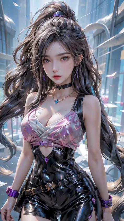 "Create a photorealistic and high-resolution image featuring a solo woman. The focus should be on her face, which should be highly detailed. The woman should have a kda-inspired style and be depicted from the medium beasts, looking directly at the viewer."